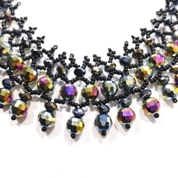 Handmade Czech Fire Polished Beaded Collar Necklace Black Seed Beads 16" - Picture 9 of 10